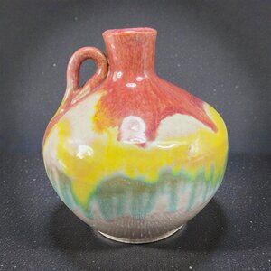 1930s Hand Made Cole Pottery Redware Drip Glaze North Carolina Jug Pitcher Vase